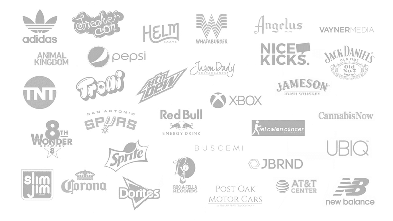 Corporate clients: adidas, Whataburger, Pepsi, Spurs, Red Bull, Jack Daniel's, Jameson, Corona, Xbox, New Balance and more