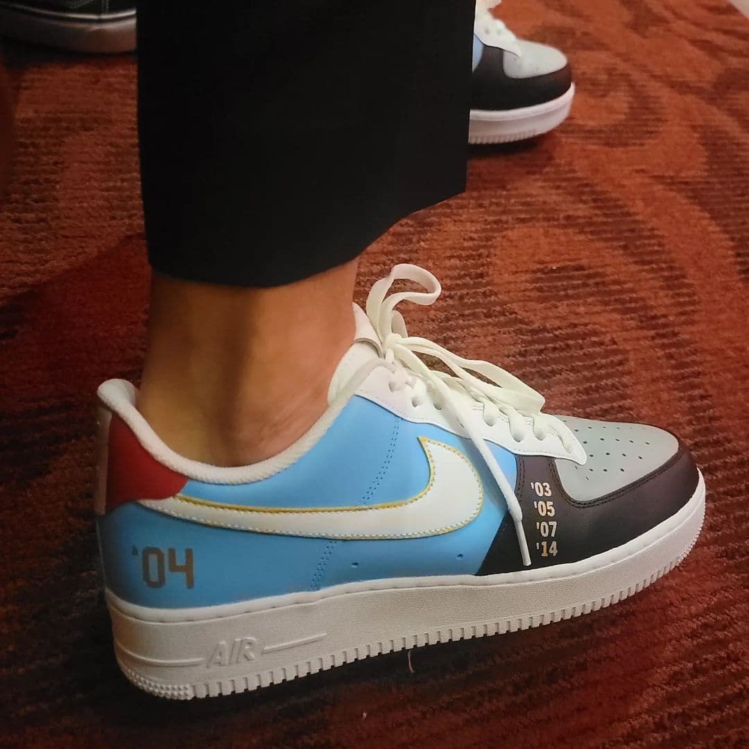Ginobili HOF AF1s on-foot at the enshrinement — title years and Athens gold