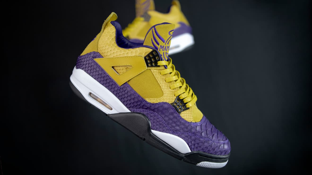Kobe & Gianna Bryant tribute custom — purple and gold python Jordan 4